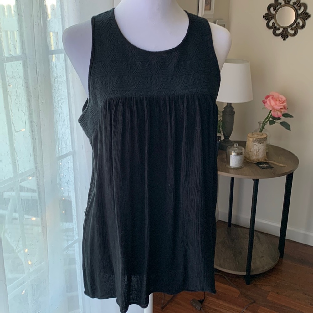 Black BoHo, flowy tank, Hi-lo, embroidered design on neckline, zipper back.